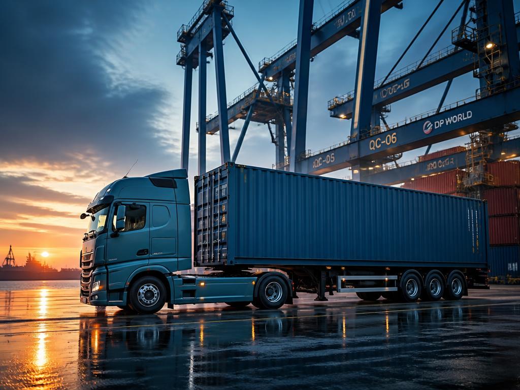 Container truck moving through a working port terminal